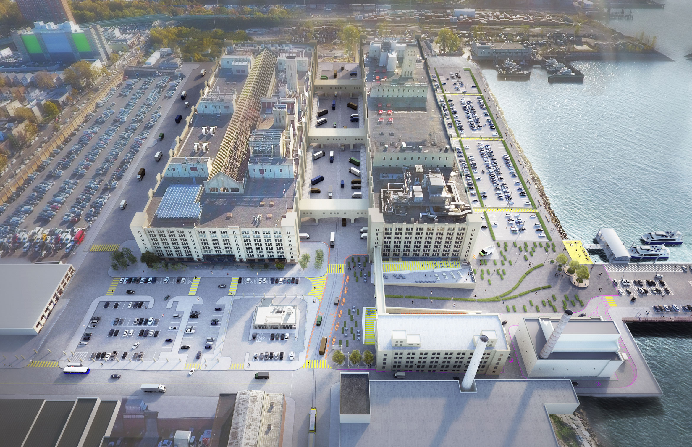 A rendering of the Brooklyn Army Terminal with an existing 8,400-square-foot array (used to power the terminal building itself) depicted on the roof, lower left. At 70,000 square feet, the Sunset Park Solar array will cover a majority of the remaining roof space. Image courtesy of New York City Economic Development Corporation