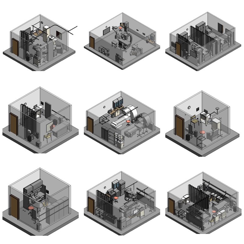 Standardized yet infinitely variable space plans: 3D BIM room templates generated for the Department of Veteran Affairs.