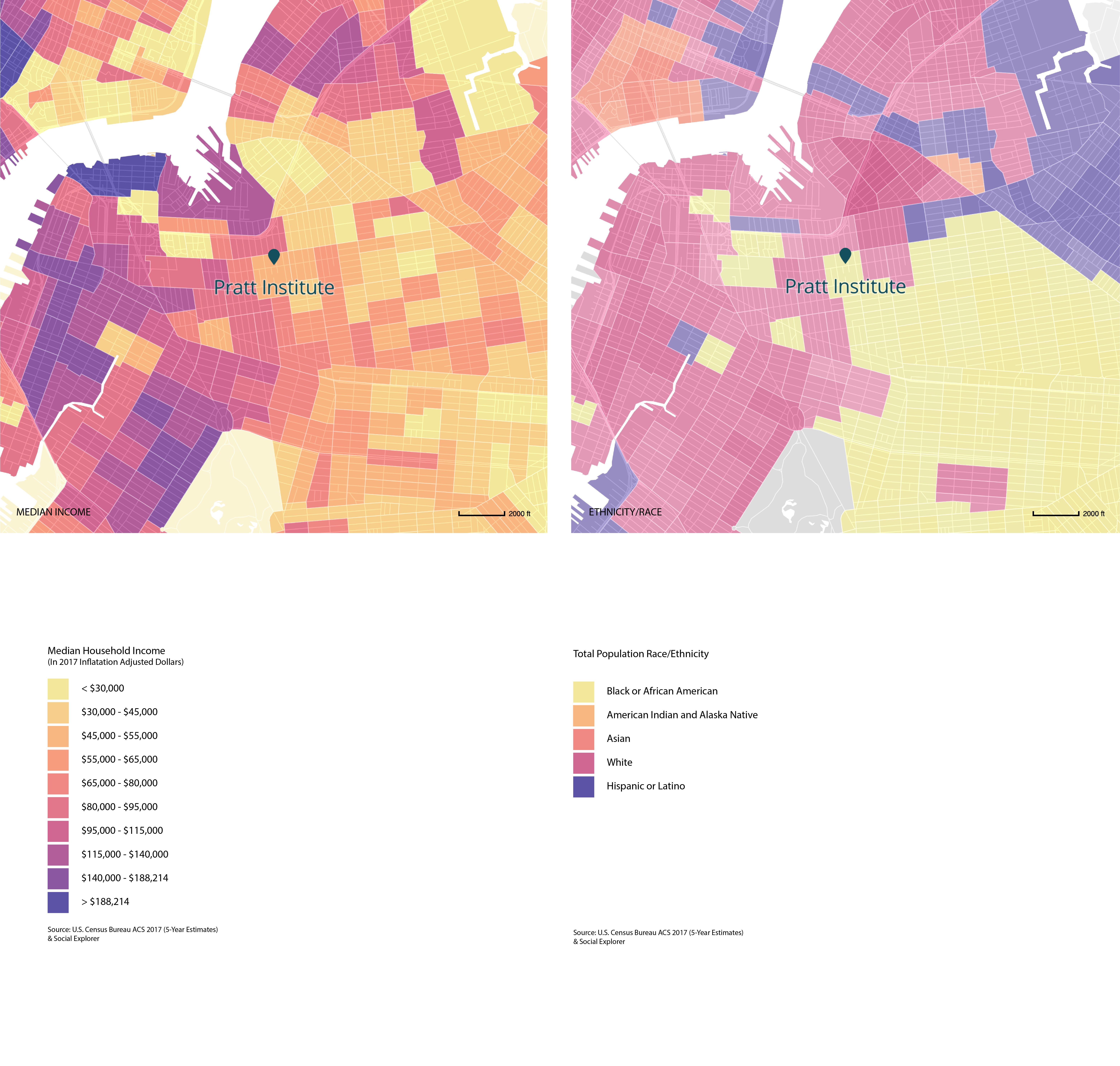 Two maps of downtown Brooklyn and surrounding areas and the Lower East Side with the Pratt Institute marked in the center show census blocks in red, purple, orange, and yellow showing income and race. Pratt is in a predominantly Black area with moderate median income