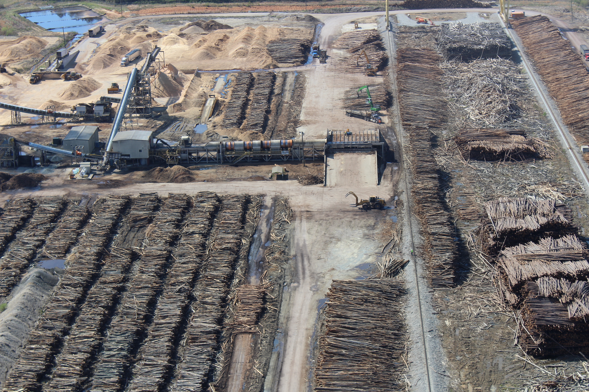 Piles of trees and wood residuals stacked in preparation for wood pellet production at Enviva's Northampton County facility. (Dogwood Alliance)