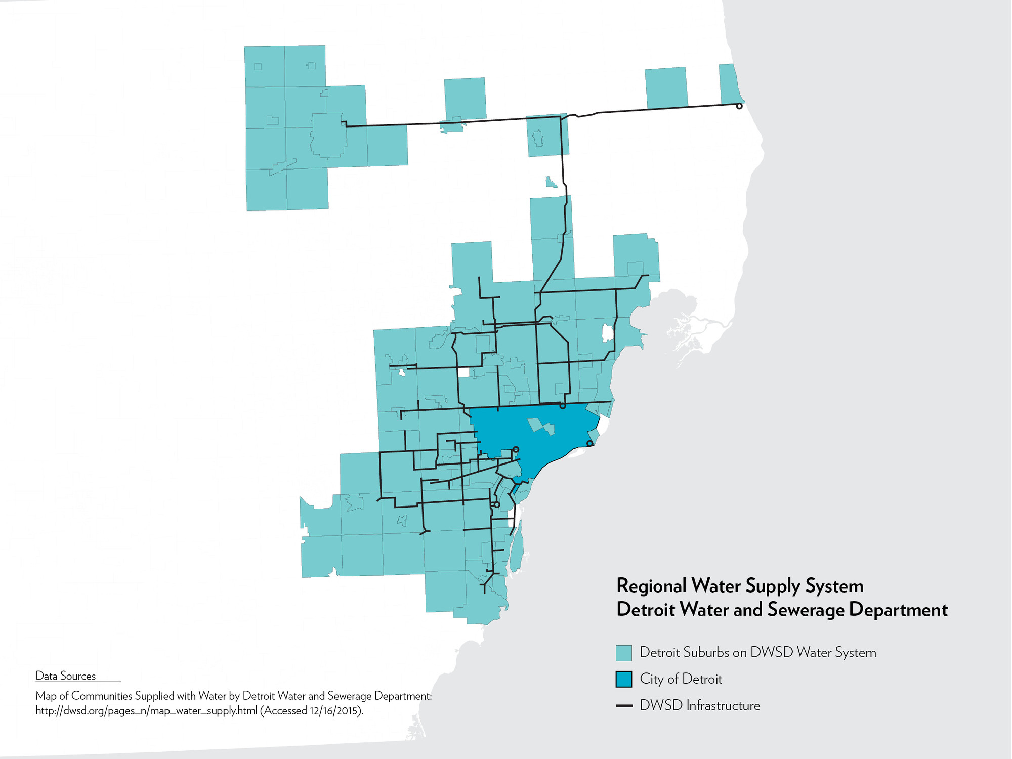 We the People of Detroit Community Research Collective, Detroit Water and Sewerage Department's Regional Water System, 2016. Source: Mapping the Water Crisis. 