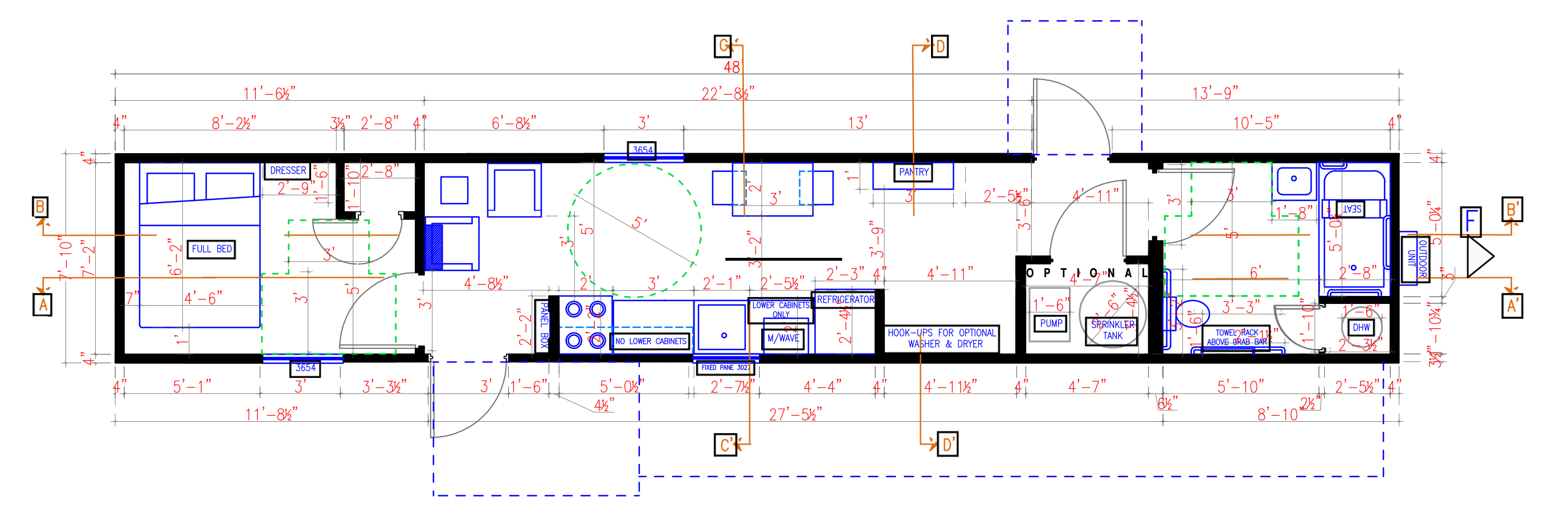 A plan of a typical mobile home unit showing measurements, room designations, and appliances