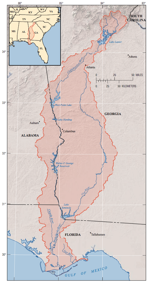 Map showing the Apalachicola Chattahoochee Flint river basin, which is highlighted and outlined in red.