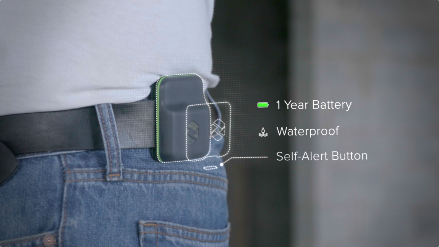 Spot-r by Triax Technologies seen on a belt as a wearable device for construction sites. It allows owners and managers to “Gain critical visibility into site safety, security and risk” by tracking “Real-time worker and equipment location, utilization and safety data”. From Triax Technologies Inc., https://www.triaxtec.com/.