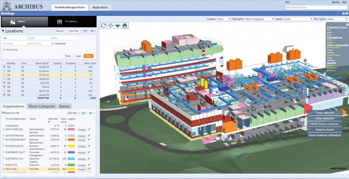 A facility management software using a building information model to manage real-time room assignments and operations, “leverage 3D visualization, analytics and enterprise data for strategic planning and management of capital assets over their lifecycle processes."