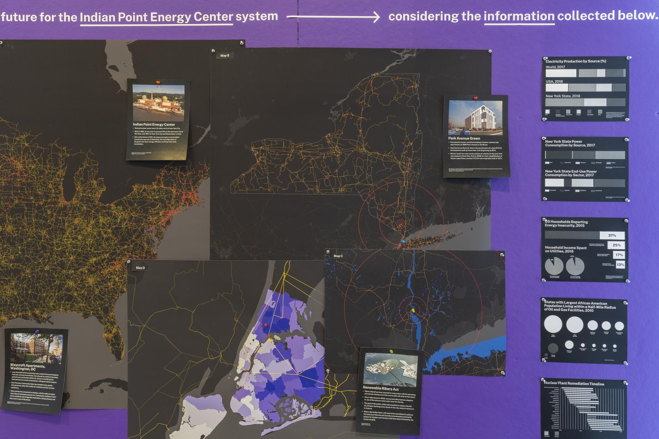 A close-up view of maps and other Green New Deal–related data visualizations pertinent to the Indian Point Energy Center System