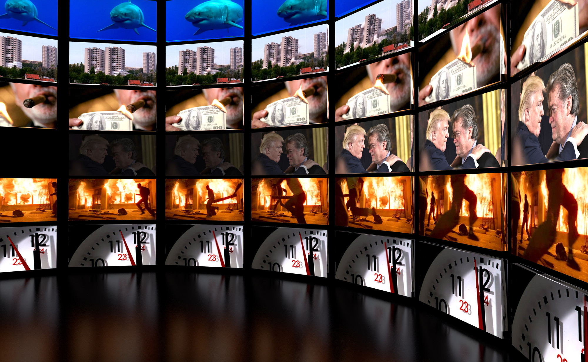 Images are shown across a grid of screens, with each of six rows showing the same images. From bottom to top, they show what appears to be a clock, legs in front of a fire, two men talking, a hand holding money, housing towers, and a shark.