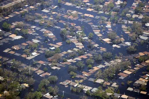 Dozens of flooded houses are shown from above, where roofs and treetops are all that's visible.