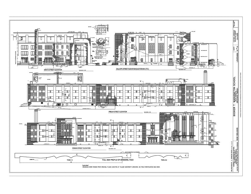 A black-and-white drawing shows four elevations of the original Booker T. Washington High School