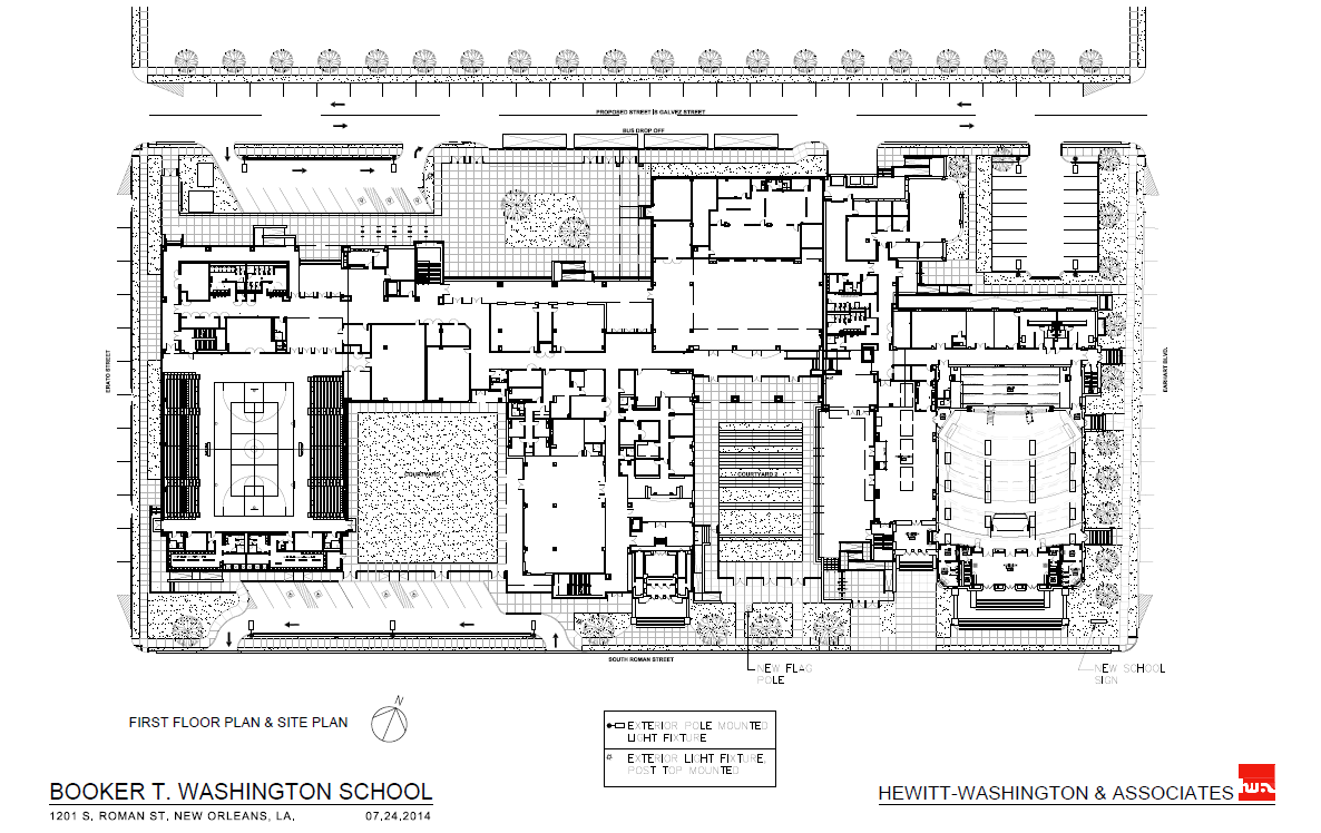 A black-and-white architectural plan shows the new design for the first floor of Booker T. Washington High School, with courtyard open to the street at center and an auditorium to the right