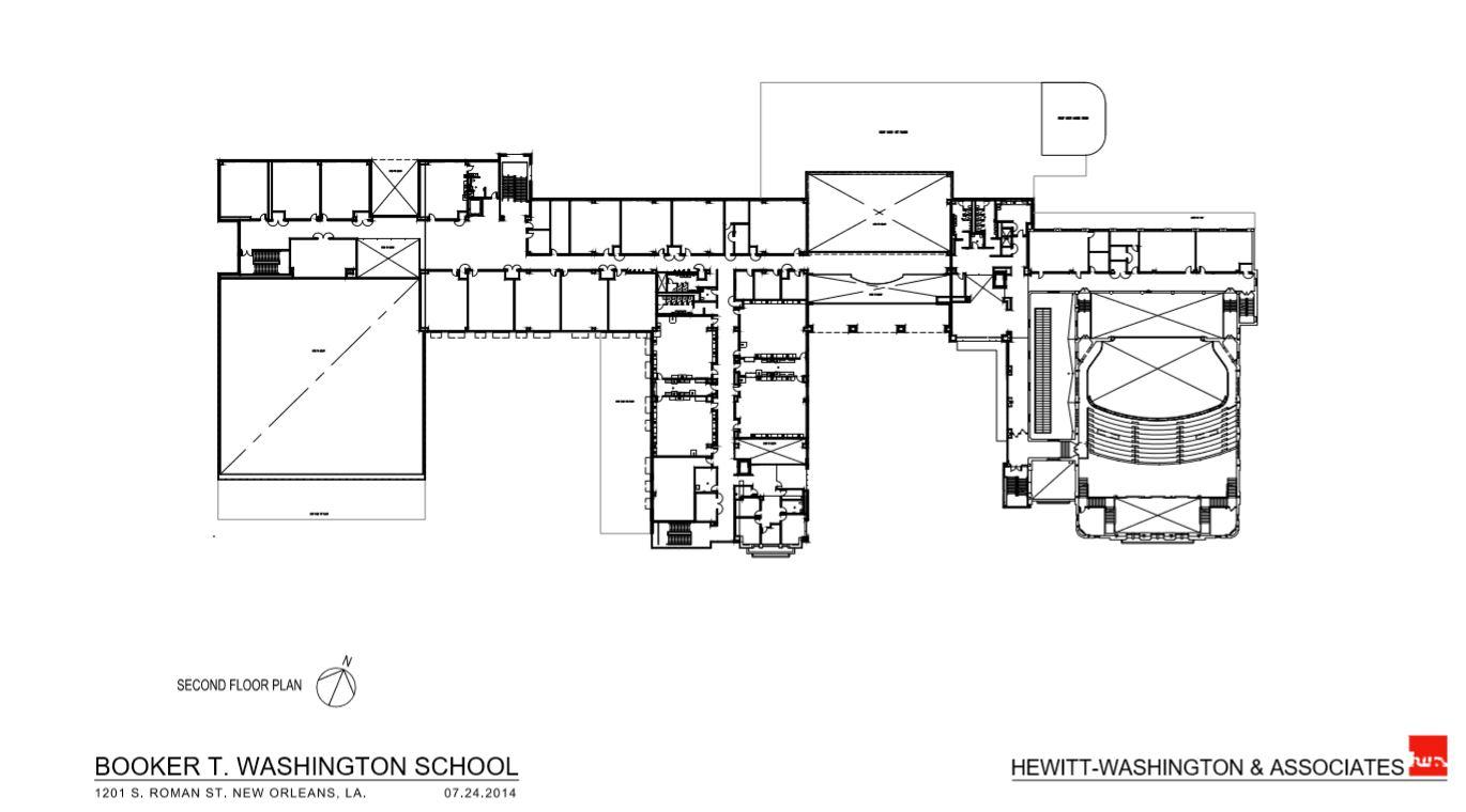 A black-and-white architectural plan shows the new design for the second floor of Booker T. Washington High School, with three centrally anchored hallways, double-loaded with classrooms on either side