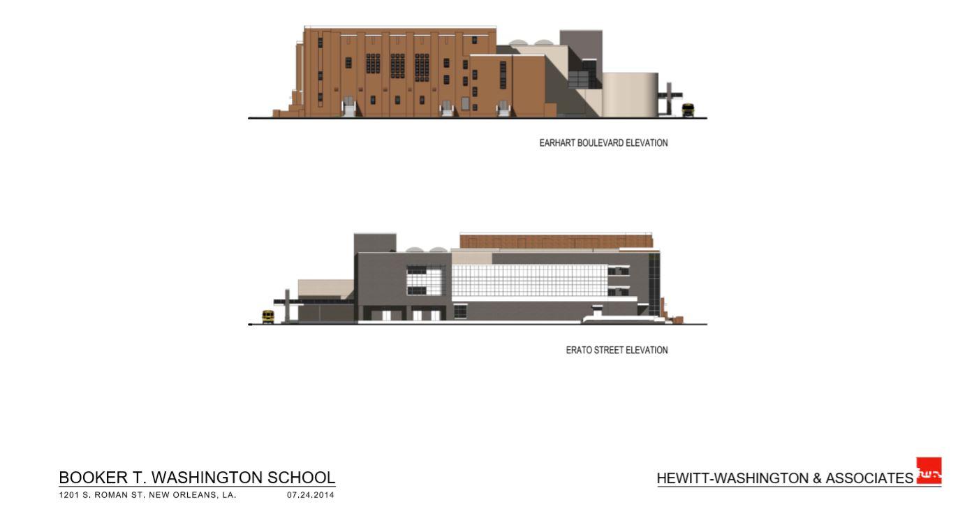 Two color elevations shown of the newly designed Booker T. Washington High School