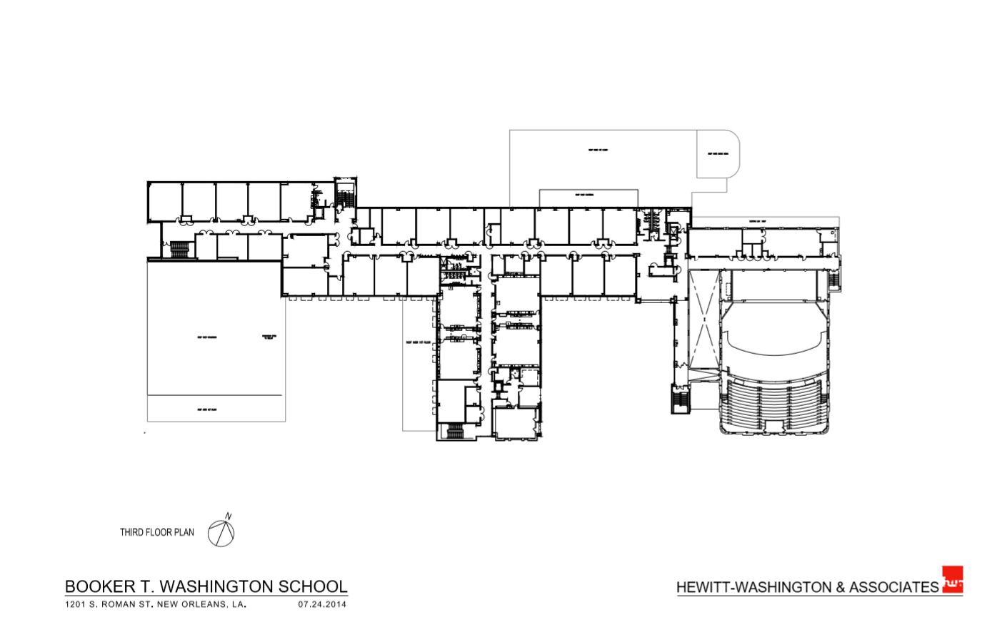 A black-and-white architectural plan shows the new design for the third floor of Booker T. Washington High School, with three centrally anchored hallways, double-loaded with classrooms on either side