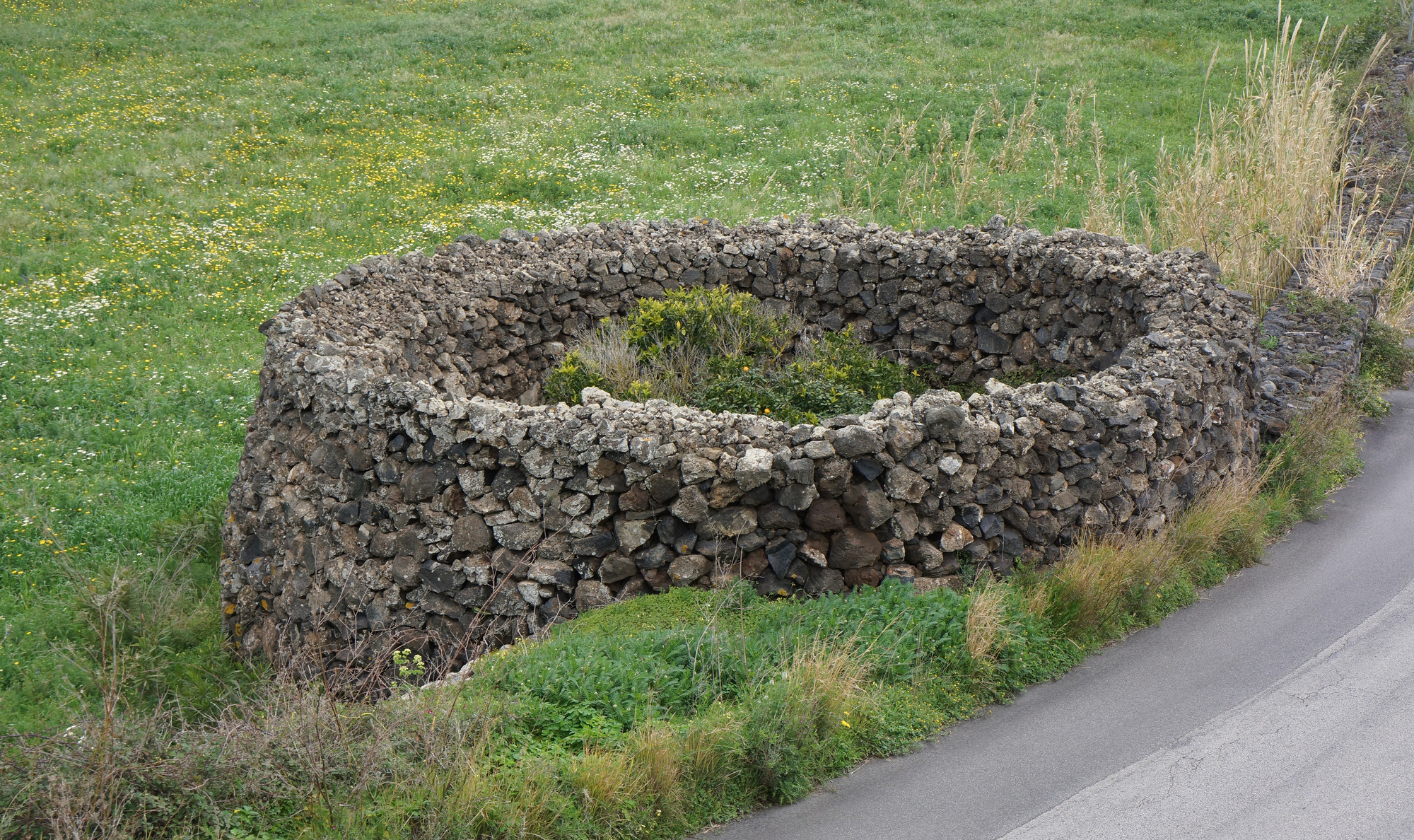 A circular ring constructed of gray-to-black stones sits in a green meadow beside a gray road.