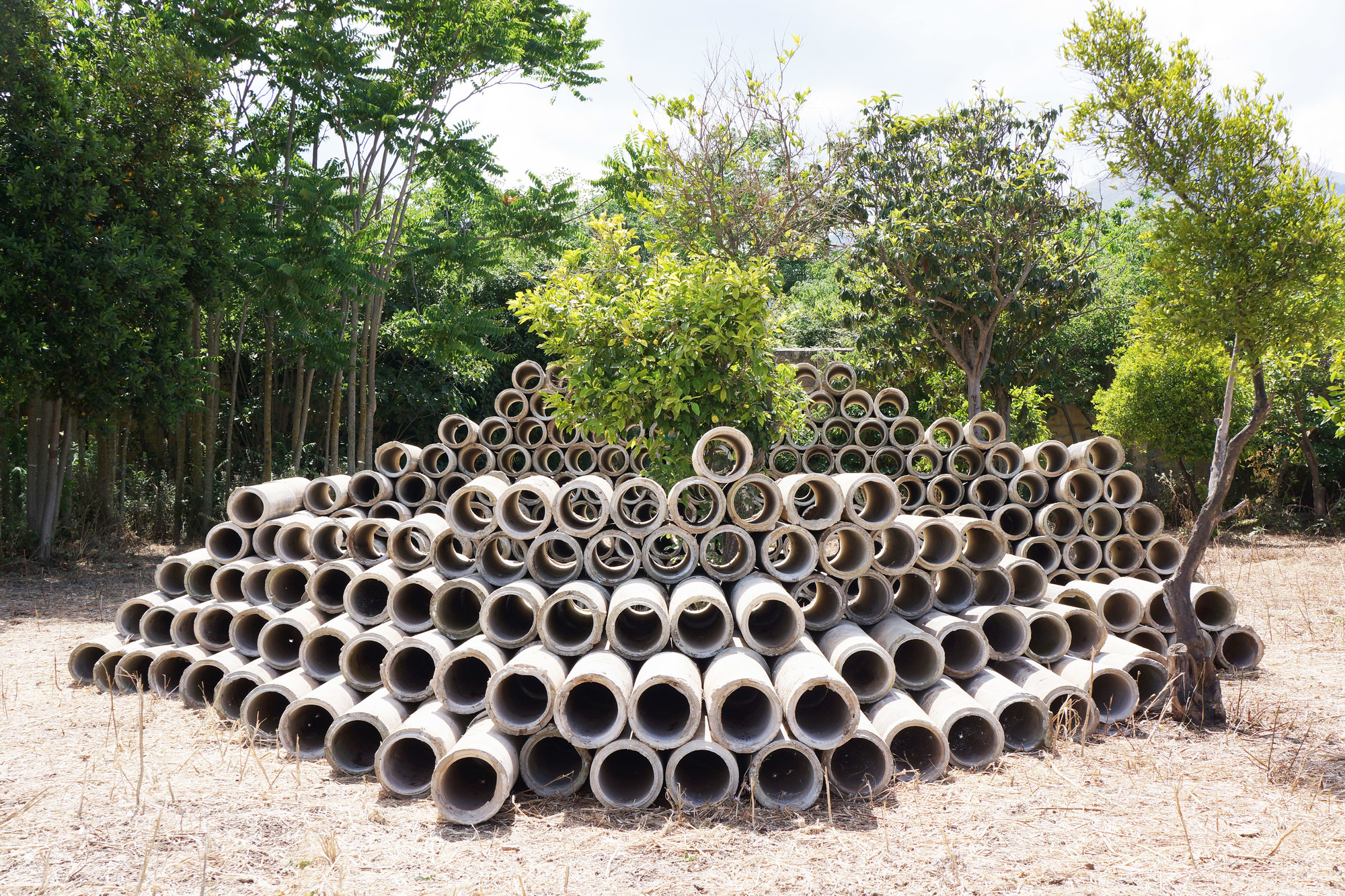 Many light gray concrete tubes sit stacked neatly in a sandy area, with greenery growing behin.