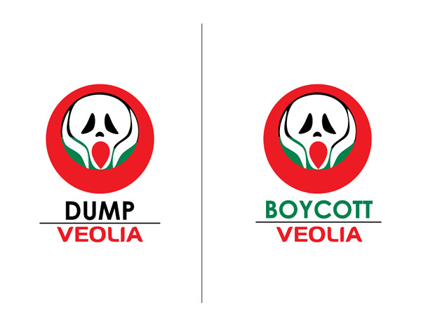 Two logos of a red circle with a white face mimicking the "Scream" face, one labeled "DUMP VEOLIA" and the other "BOYCOTT VEOLIA," 