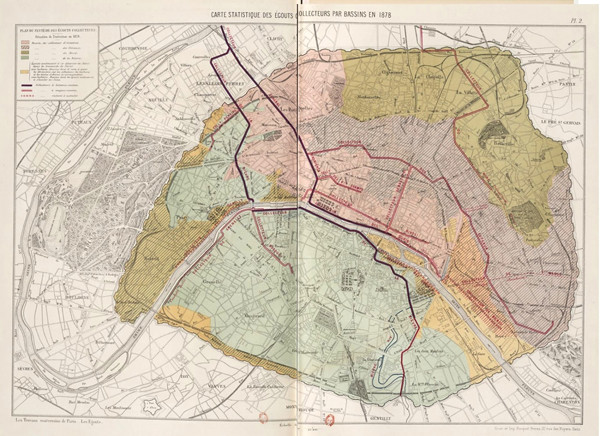 A vintage map showing Paris, with various districts in different washed-out colors.