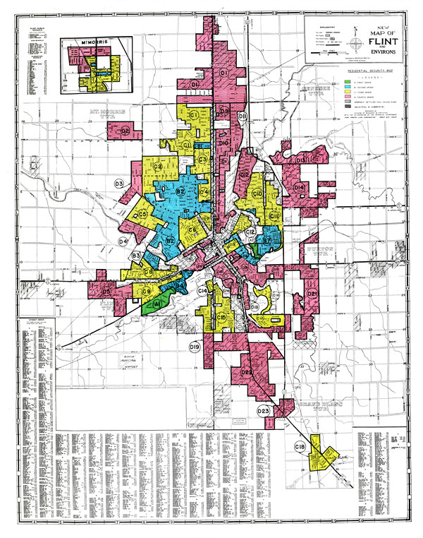 Home Owners Loan Corporation (HOLC) Residential Security Map for the City of Flint, 1934. Source: Robert K. Nelson, LaDale Winling, Richard Marciano, Nathan Connolly, et al., “Mapping Inequality,” American Panorama, ed. Robert K. Nelson and Edward L. Ayers