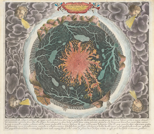 15th century map showing a system of rivers flowing on the edges of a circle with a large red mountain in the center