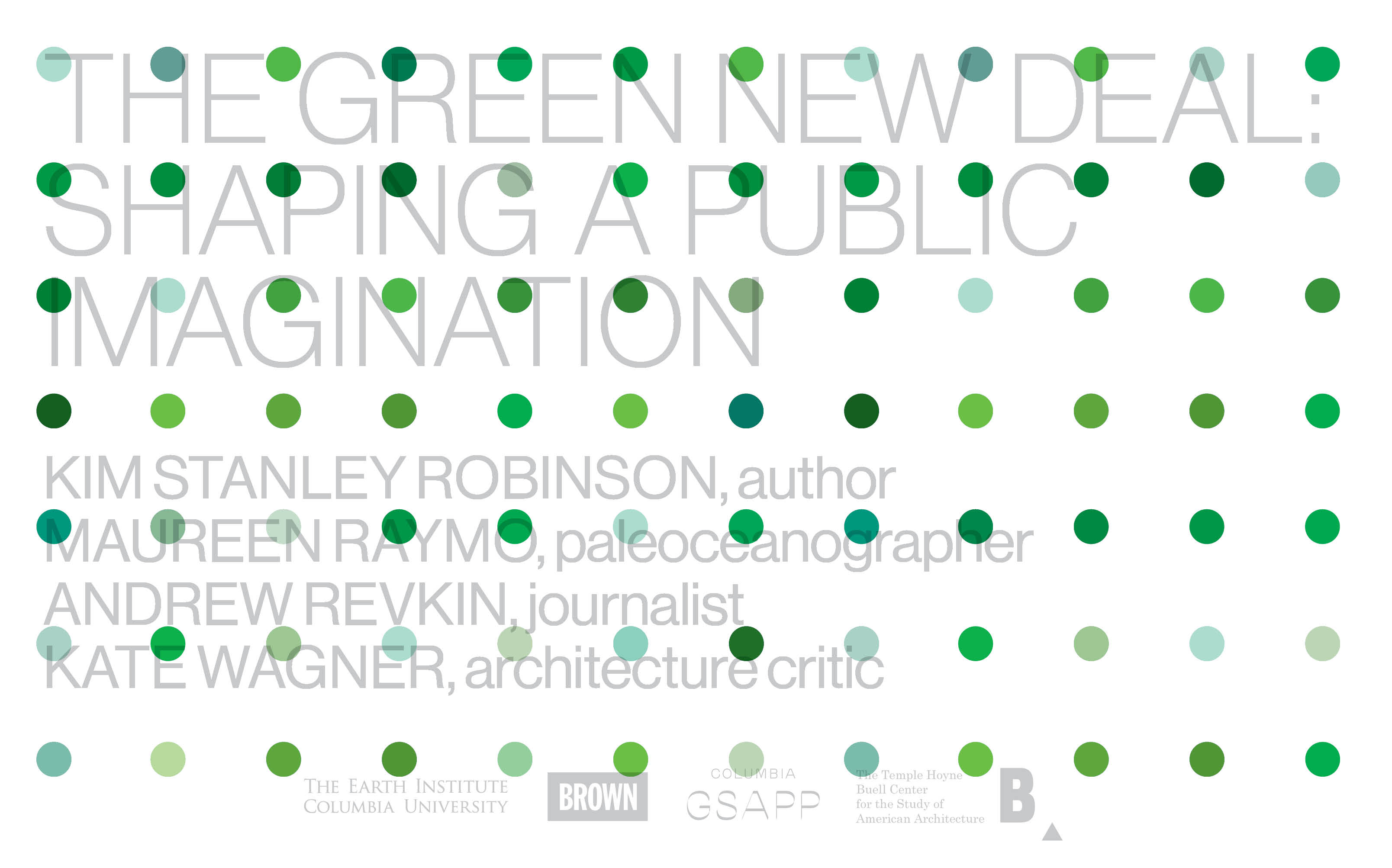A grid of variously green dots overlay text with the event title and participant names
