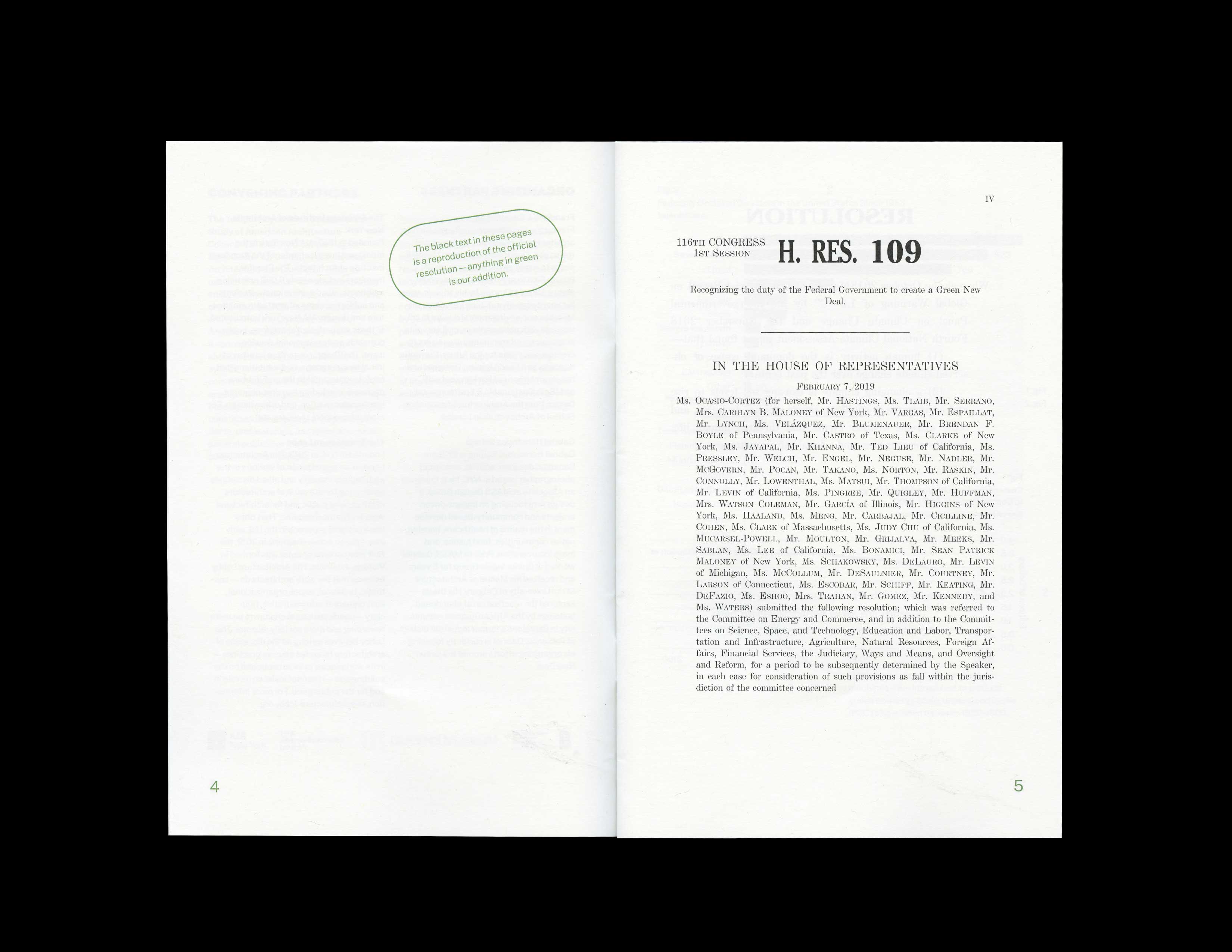 Scan shown of small booklet, with green and purple annotations of legislative text — House Resolution 109