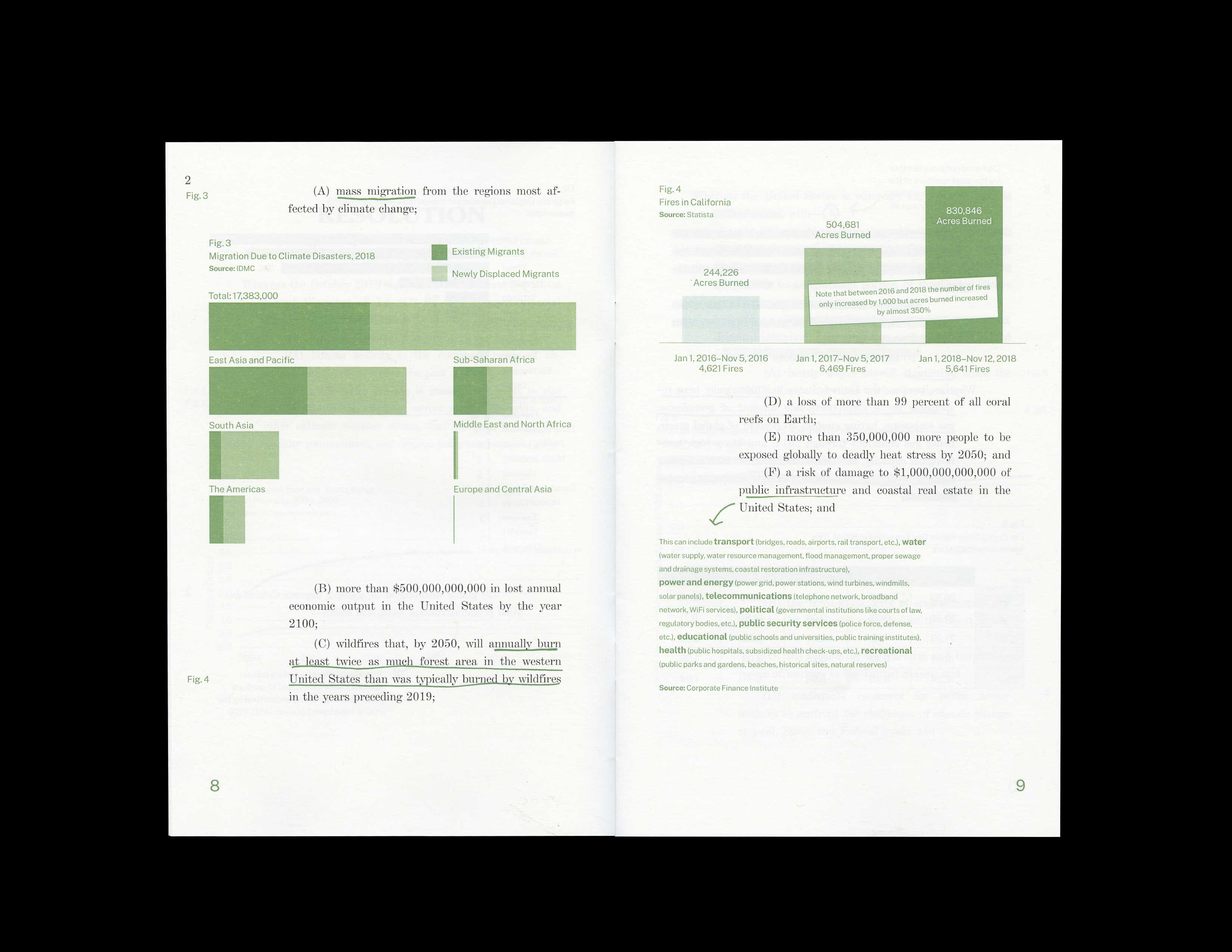 Scan shown of small booklet, with green and purple annotations of legislative text — House Resolution 109
