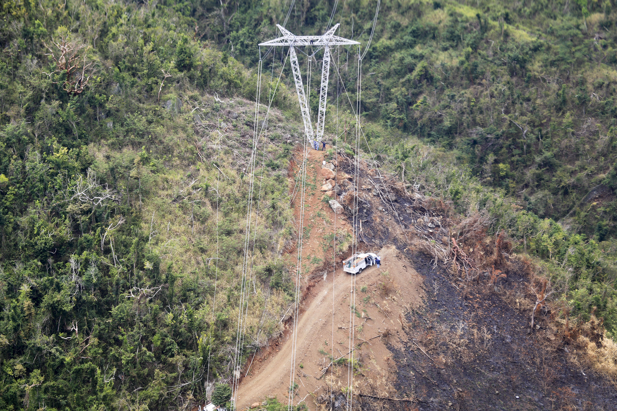 Transmission tower in the Montaña Area, Caguas, Puerto Rico. The power grid remains in fragile condition and much of the infrastructure is in hard-to-reach areas. (South Atlantic Division, US Army Corps of Engineers)