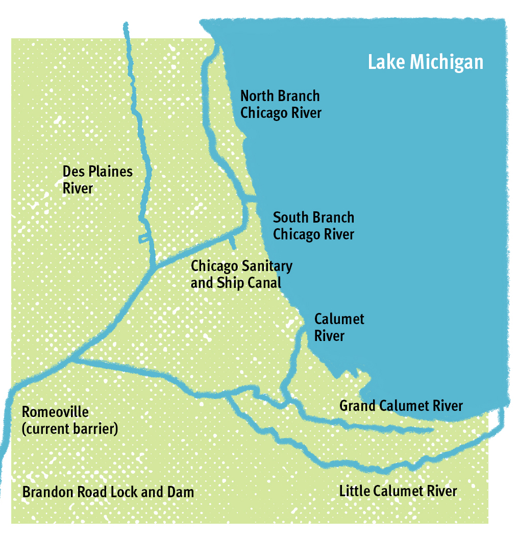 A map in green and blue shows the waterways around Chicago
