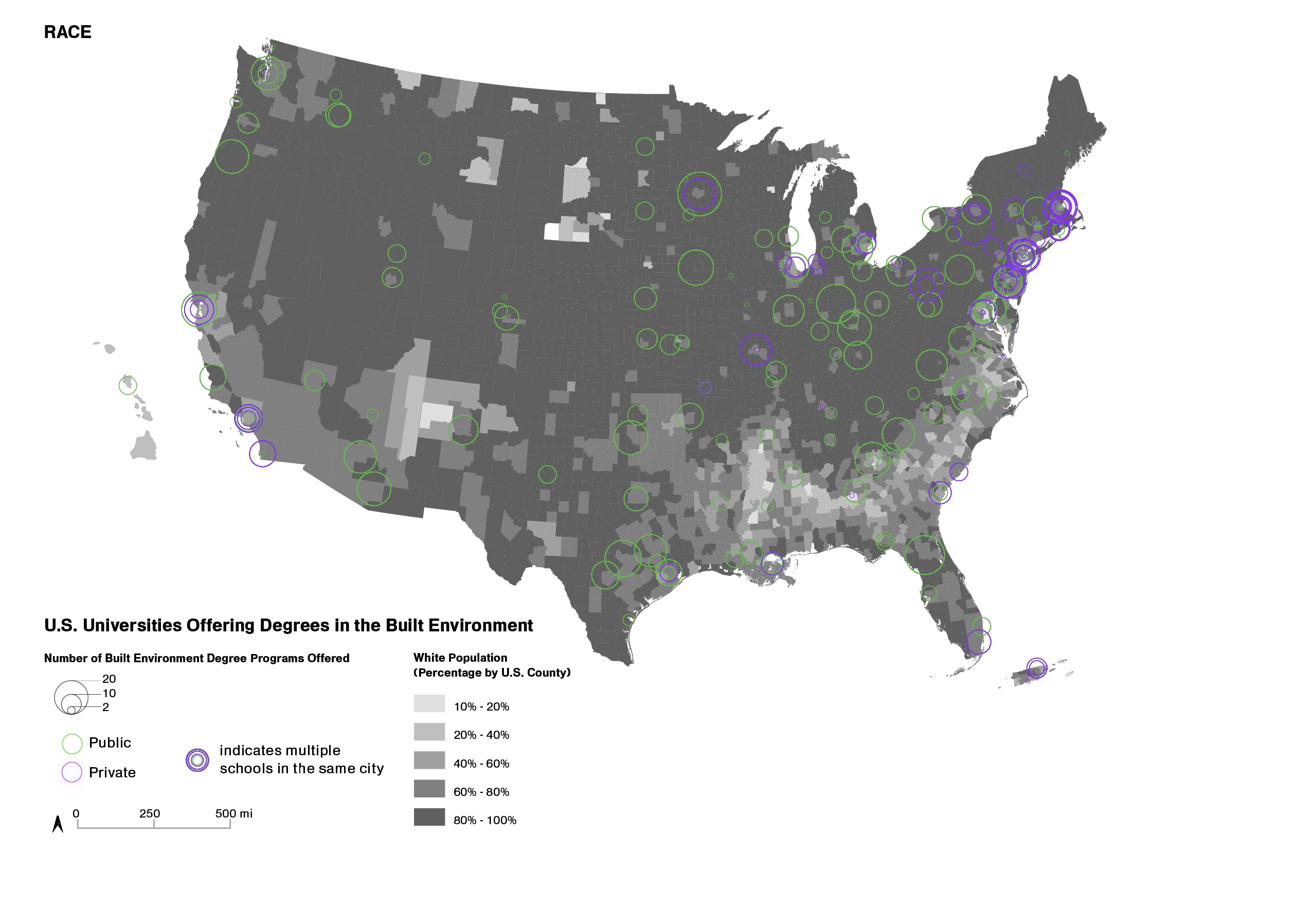 Map of the United States overalid with White Population (Percentage by US County) and Number of Built Environment Degree Programs Offered