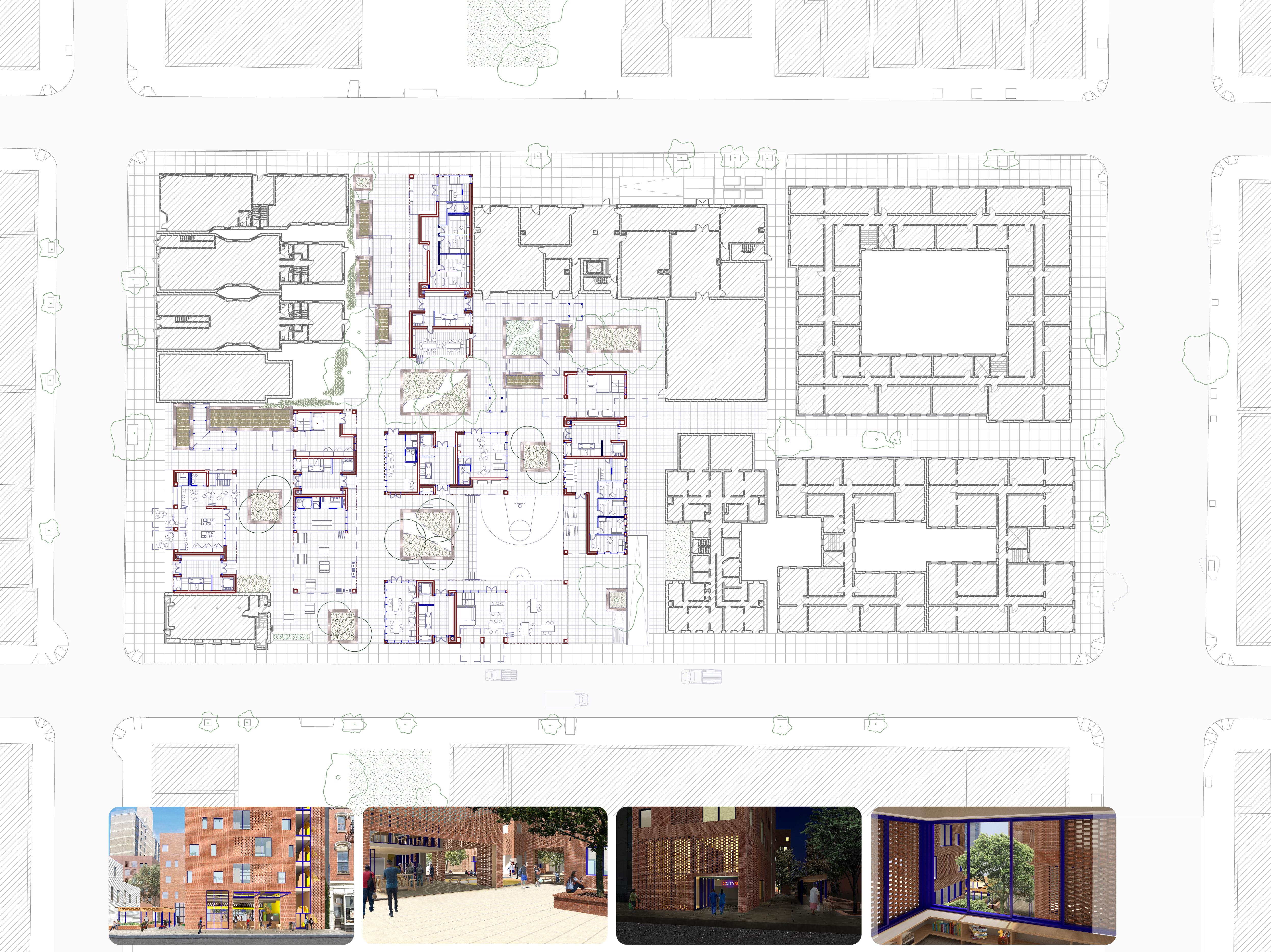 Floor plan of the project with three rendered views of the project's massing and terracotta-colored exterior brick finish, and one from within one of the unit's looking out at a landscaped courtyard