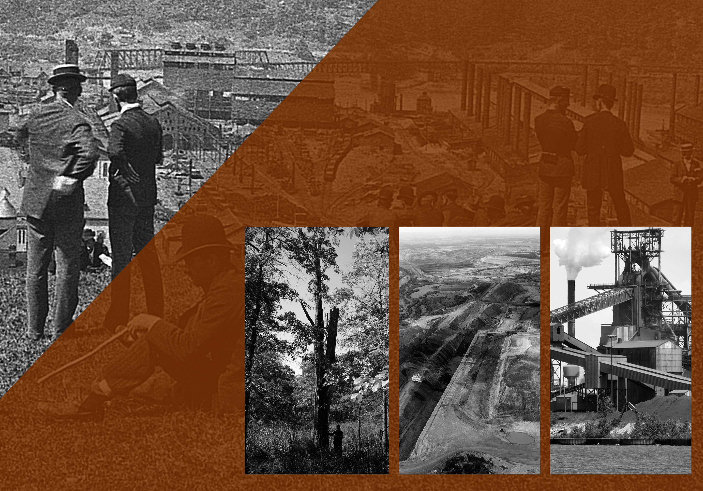 black and white and sepia collage showing infrastructure, construction, nature, with figures in the top left corner