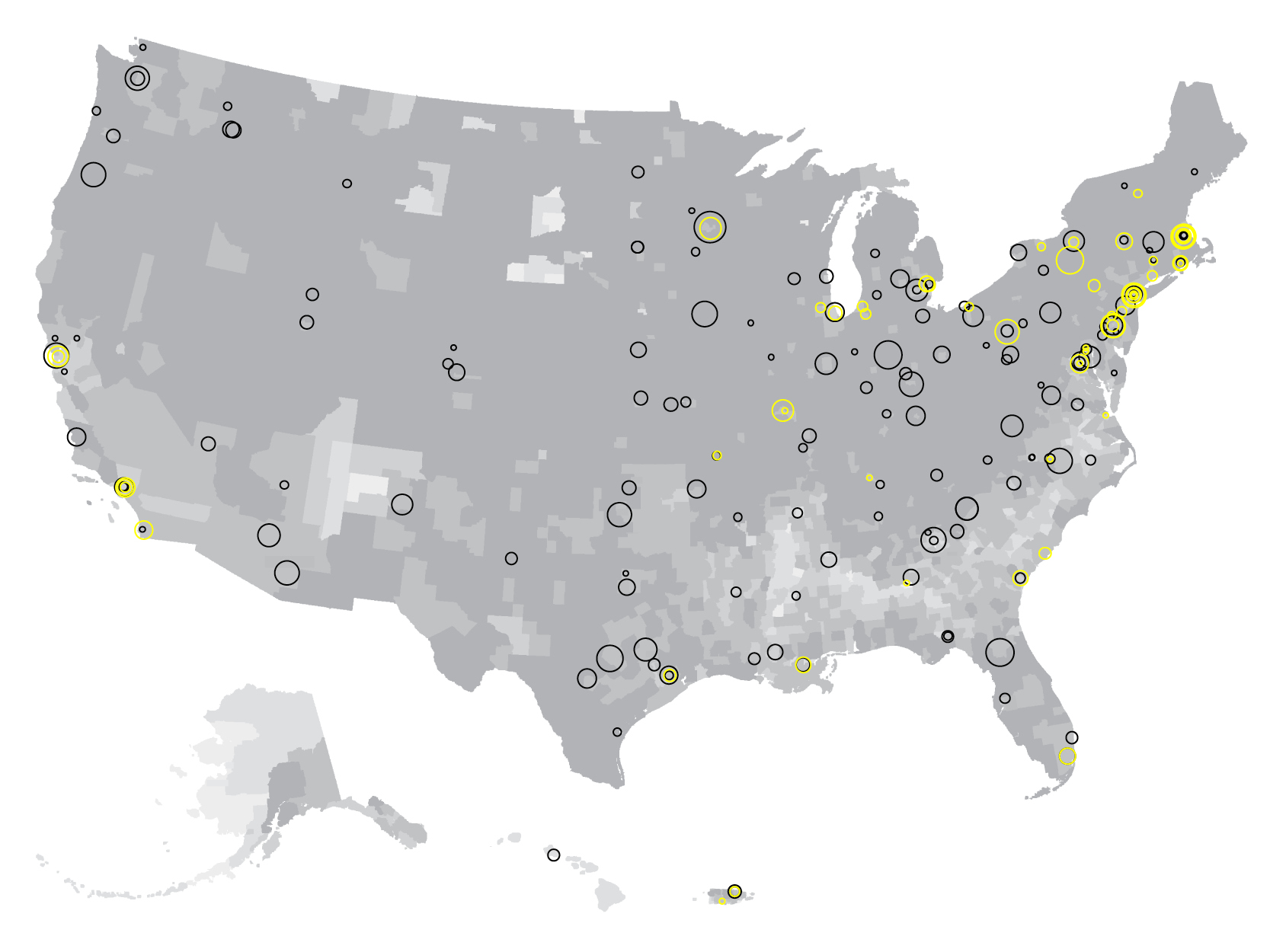 A grey US map shows scattered locations for public and private programs of the built environment, with a gradient indicating relative proportion of the White population across the country.