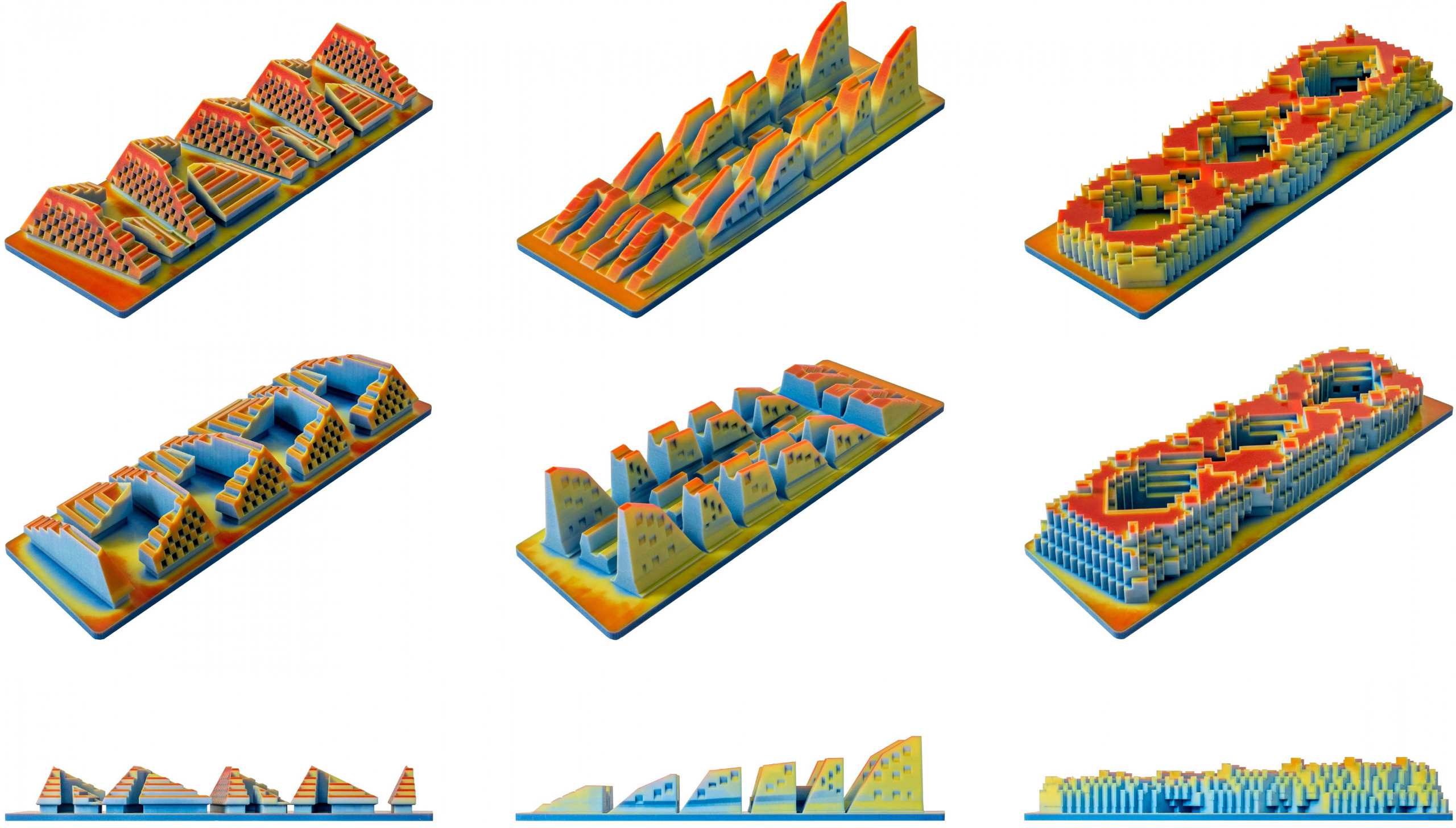 3-dimensional multi-colored renderings of building shapes