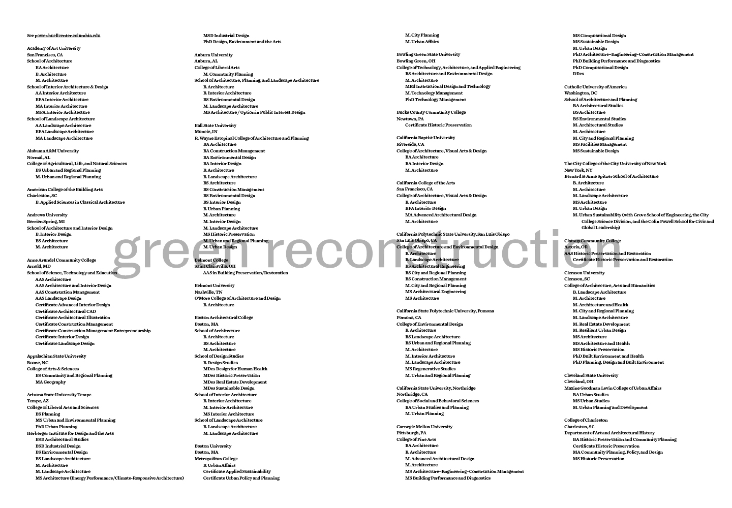 a long list of academic programs cycles underneath a watermark that reads "green reconstruction"