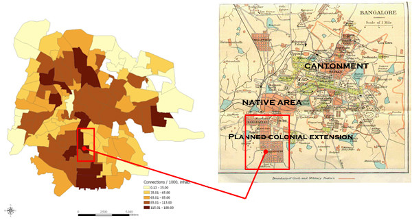 Maps of Bangalore showing (left) density of formal piped water connections in 2005 and (right) areas resulting from colonial urban improvement in early twentieth century. Note that the areas that were improved also have higher density of formal piped water connections almost one century later.