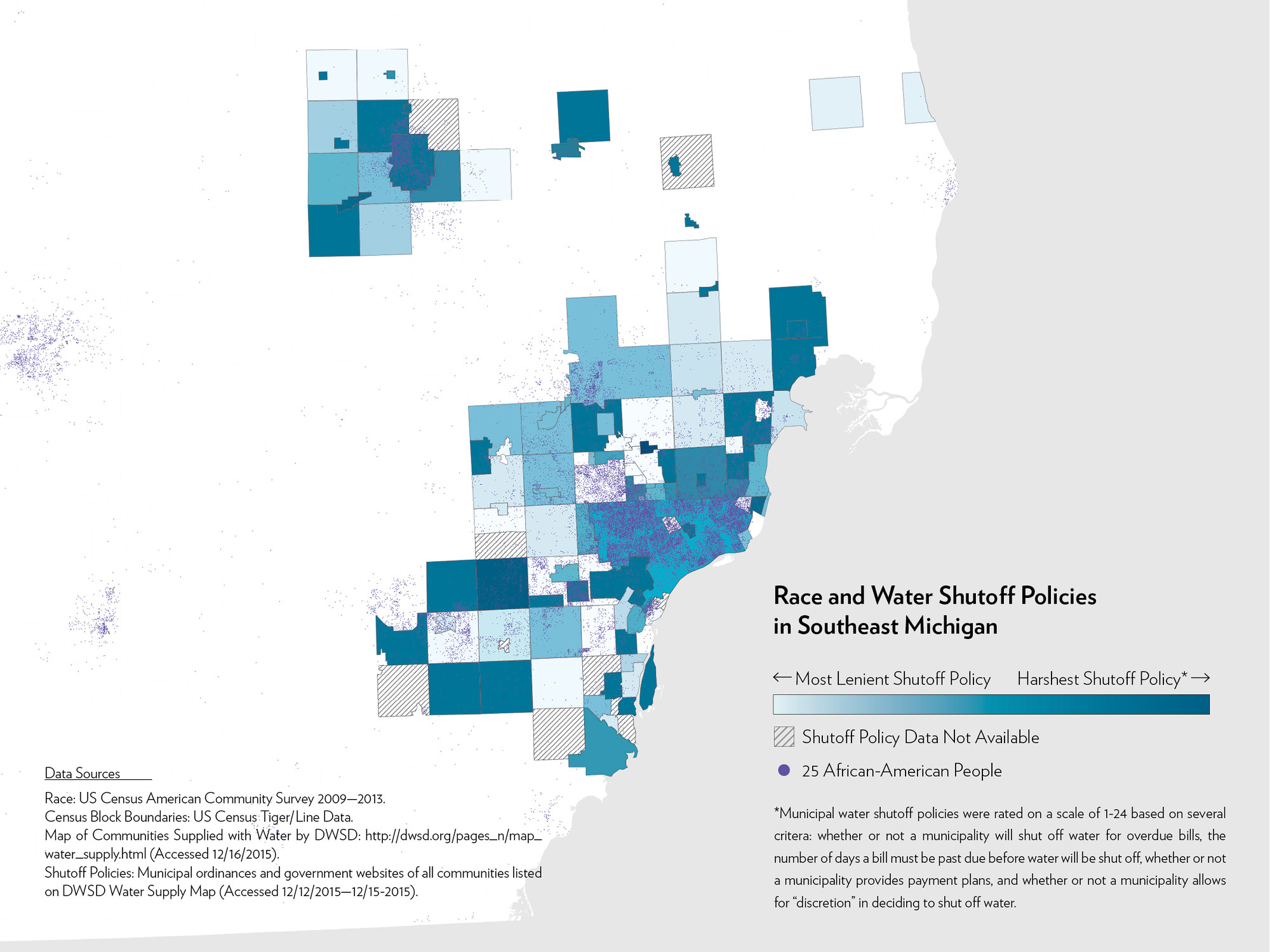 We the People of Detroit Community Research Collective, Race and Water Shutoff Policies in Southeast Michigan, 2016. Source: Mapping the Water Crisis.
