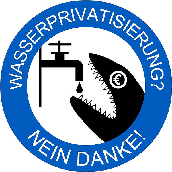 Berliner Wassertisch symbol, a protest image showing a tap, a drop of water, and a vociferous shark with a Euro-sign gracing its eye. A fairly thick blue outline surrounds this image with white text that reads: "Wasserprivatisierung? Mein danke!" 