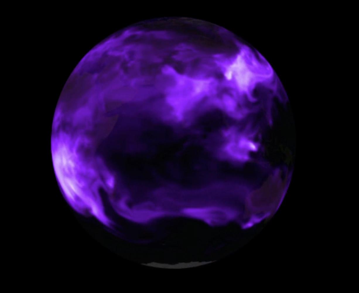 On a black background, a transparent sphere has what appears to be purple gas swirling in it