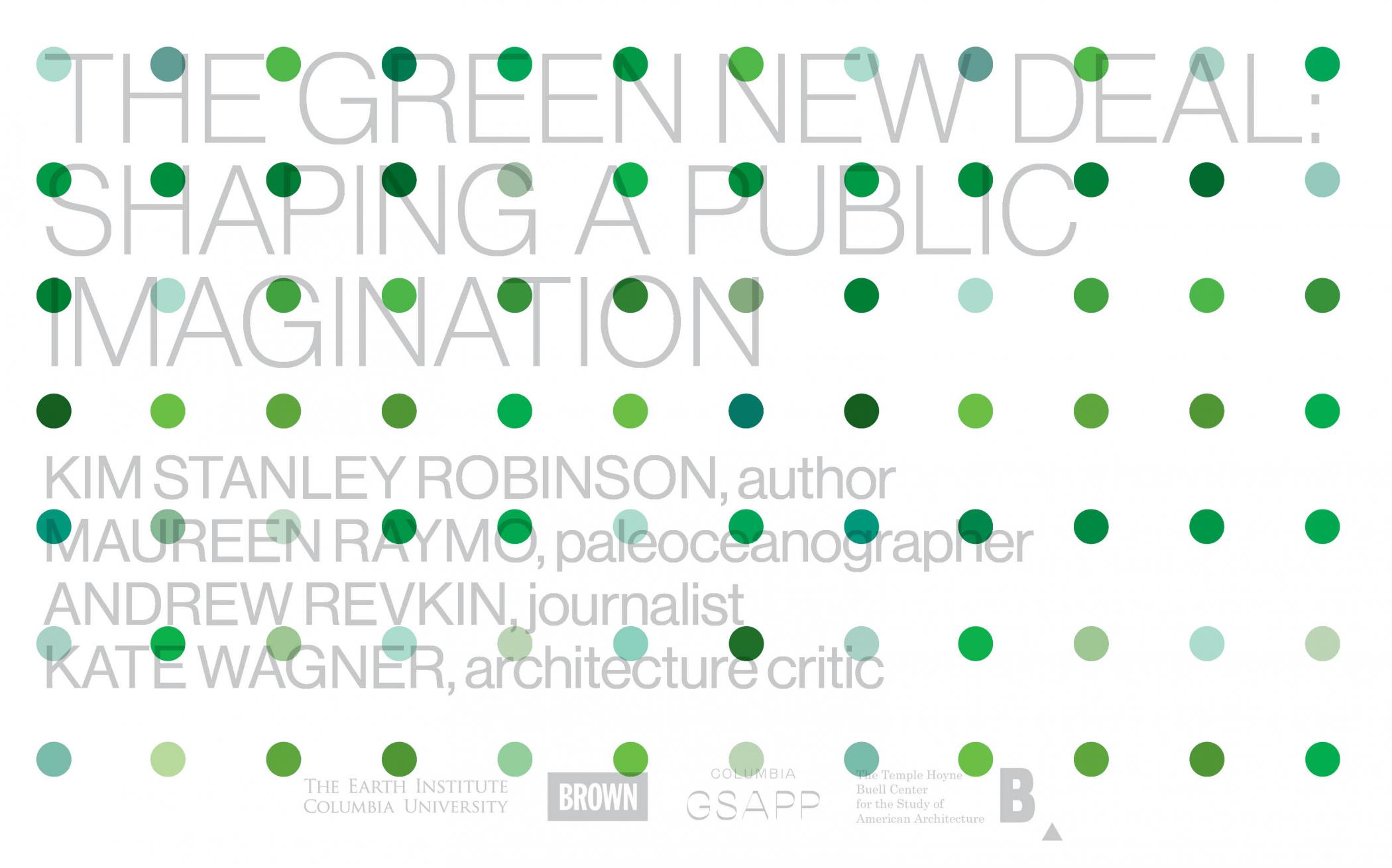 A grid of variously green dots overlays the event title and participant names, in grey