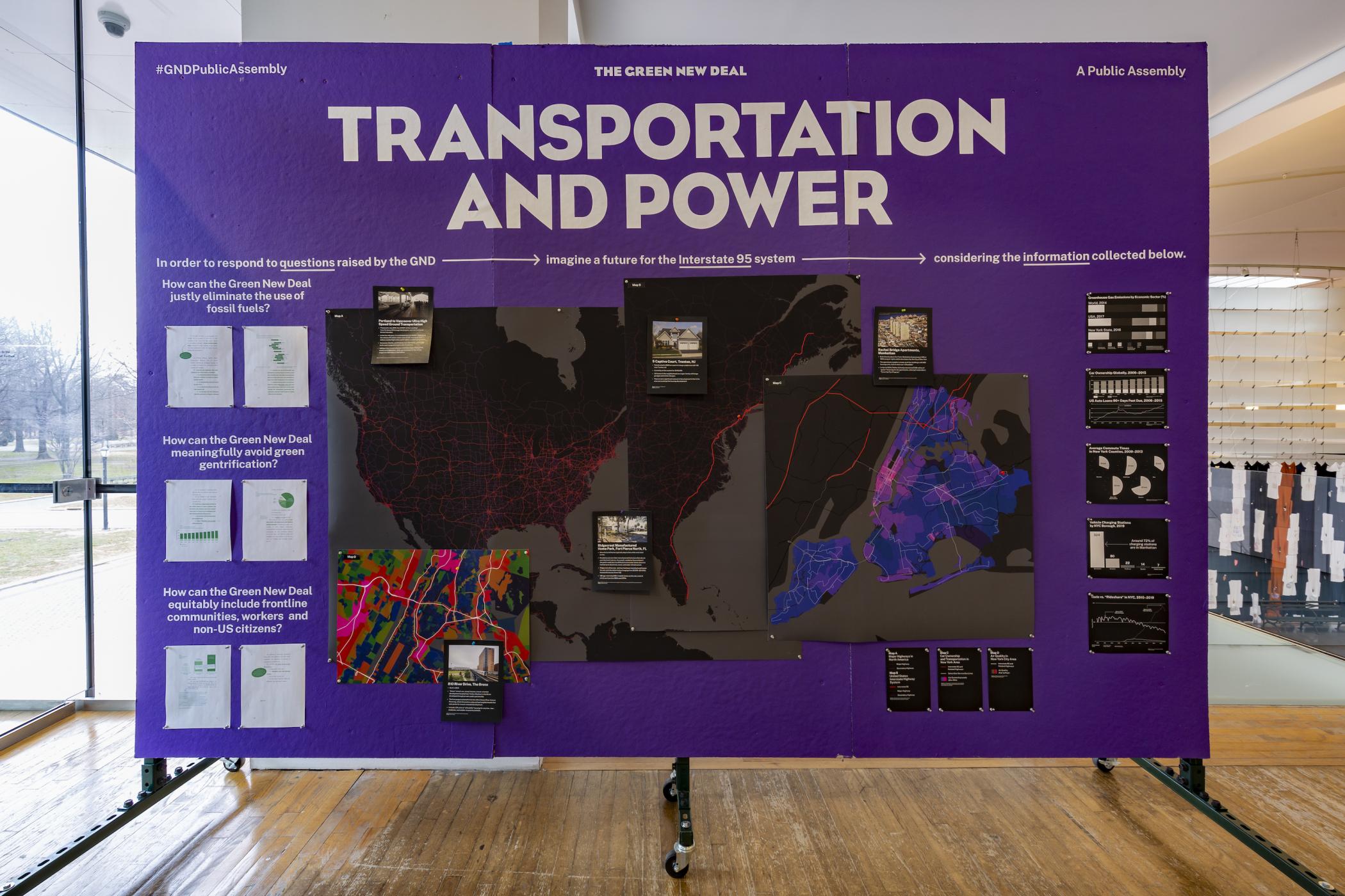 A large purple panels displays three black-and-gray maps of the US, the east coast, and New York City and other information under the header "Transportation and Power."