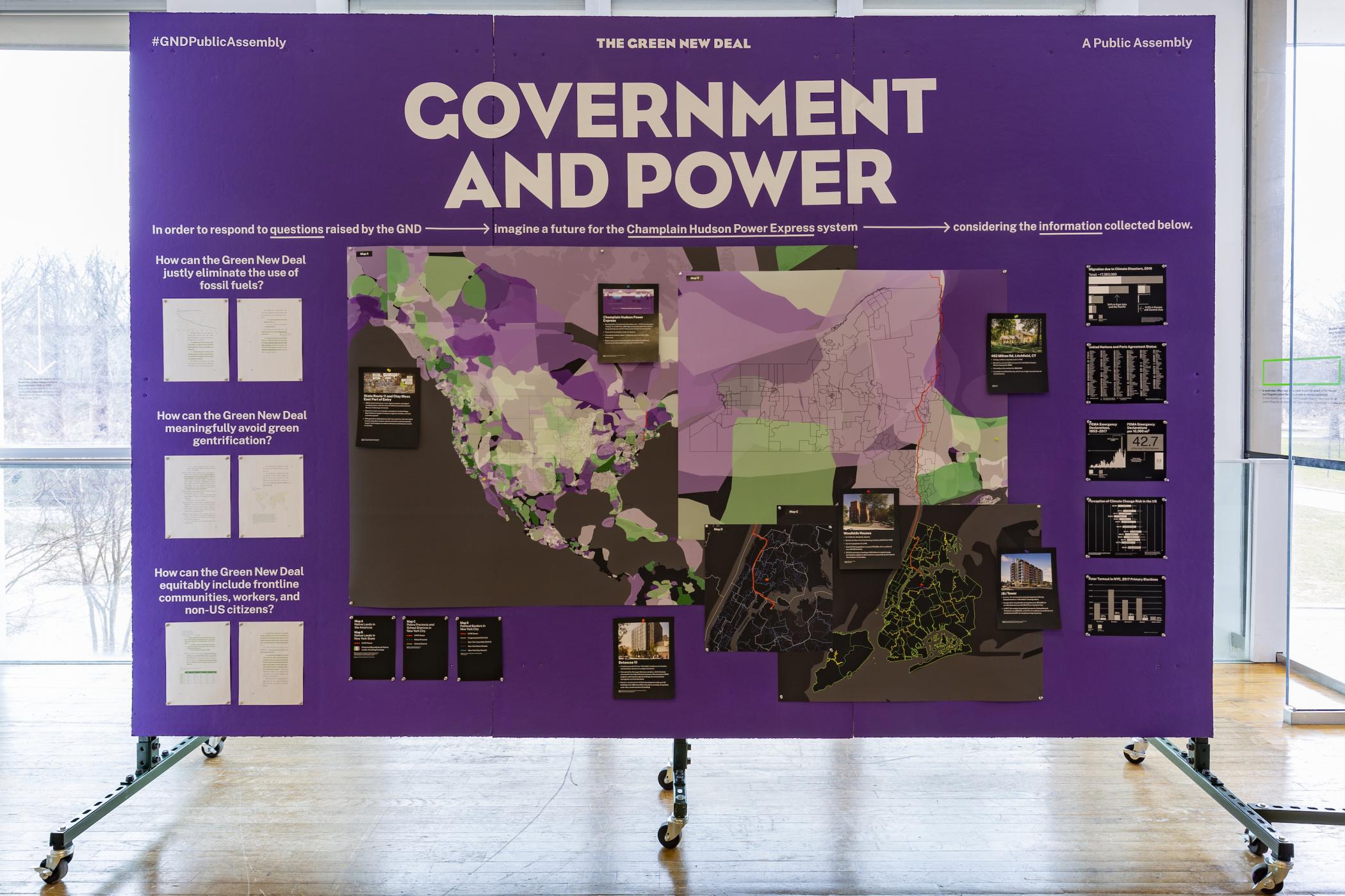 A large purple panels displays green and purple maps of the US and New York City and other information under the header "Government and Power."