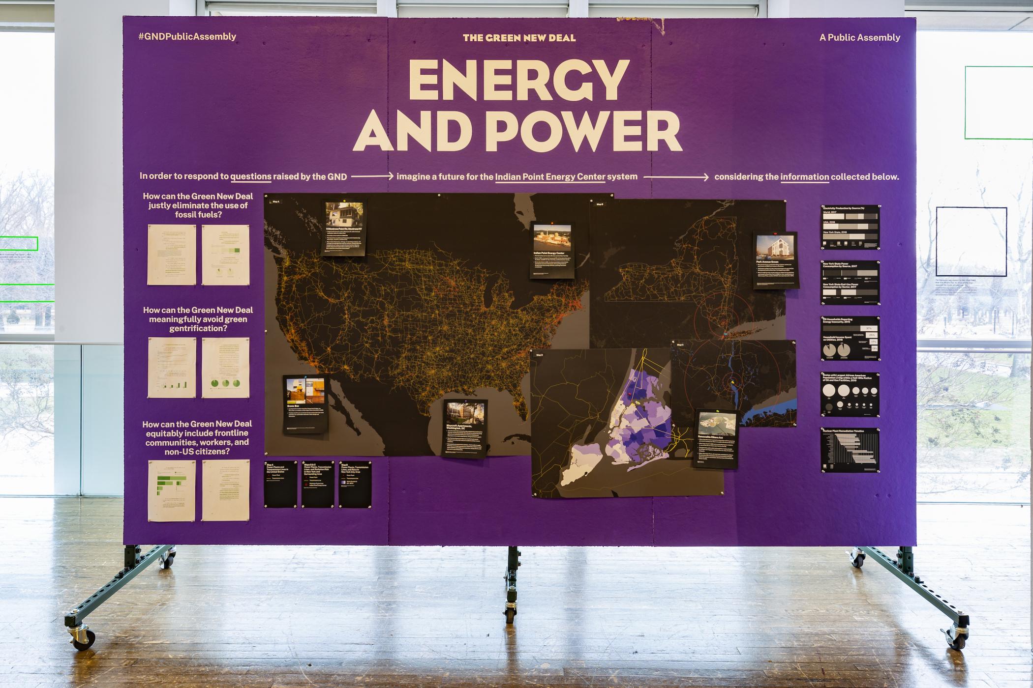 A large purple panels displays black and gray maps of the US and New York City and other information under the header "Energy and Power."
