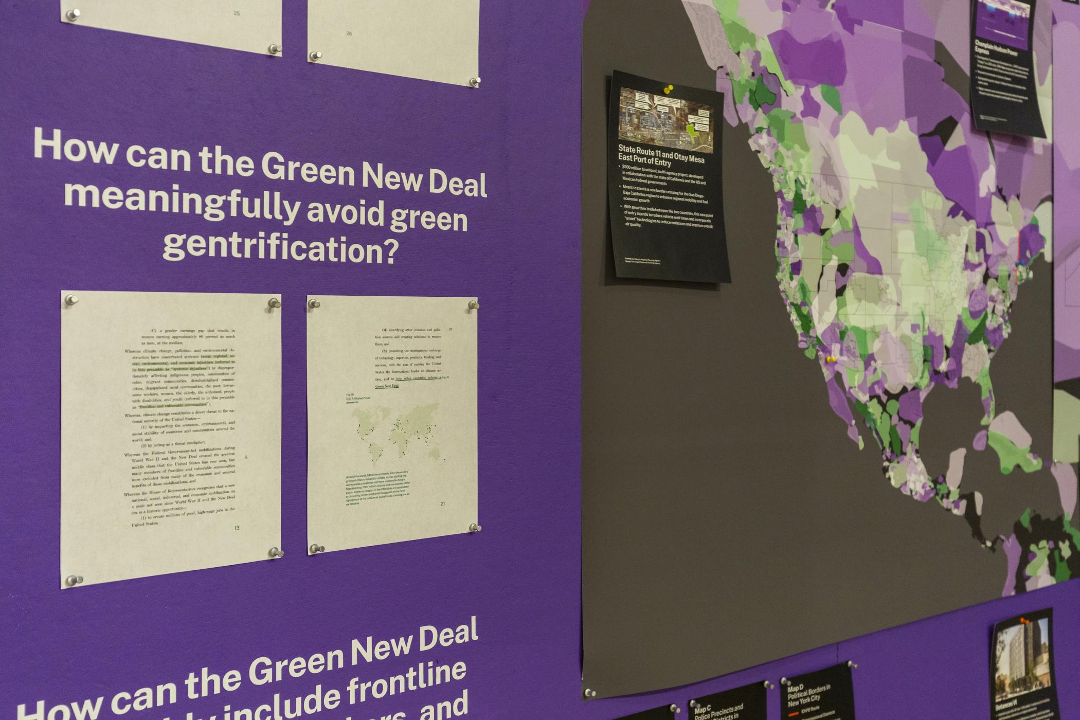 A close-up view of a map of North America and other Green New Deal–related data visualizations, including the question "How can the Green New Deal meaningfully avoid green gentrification?".