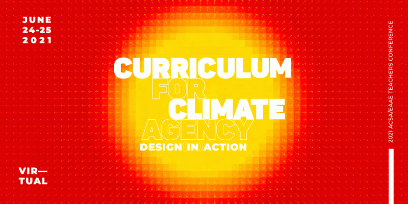 The conference logo reads "Curriculum for Climate Agency" in capital block letters with "design in action" written smaller below over a pixelated red background with a yellow circle in the center